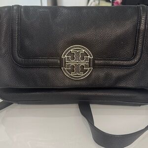Tory Burch Amanda Black Pebbled Leather Flap Crossbody with Gold Logo